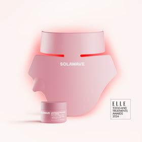 The Solawave Neck & Chest LED Mask w/ LightBoost Cream Kit features a pink LED mask for Red and Near-Infrared Light Therapy to help reduce fine lines, paired with matching cream. An ELLE Tools & Treatments Awards 2024 badge is visible in the corner.
