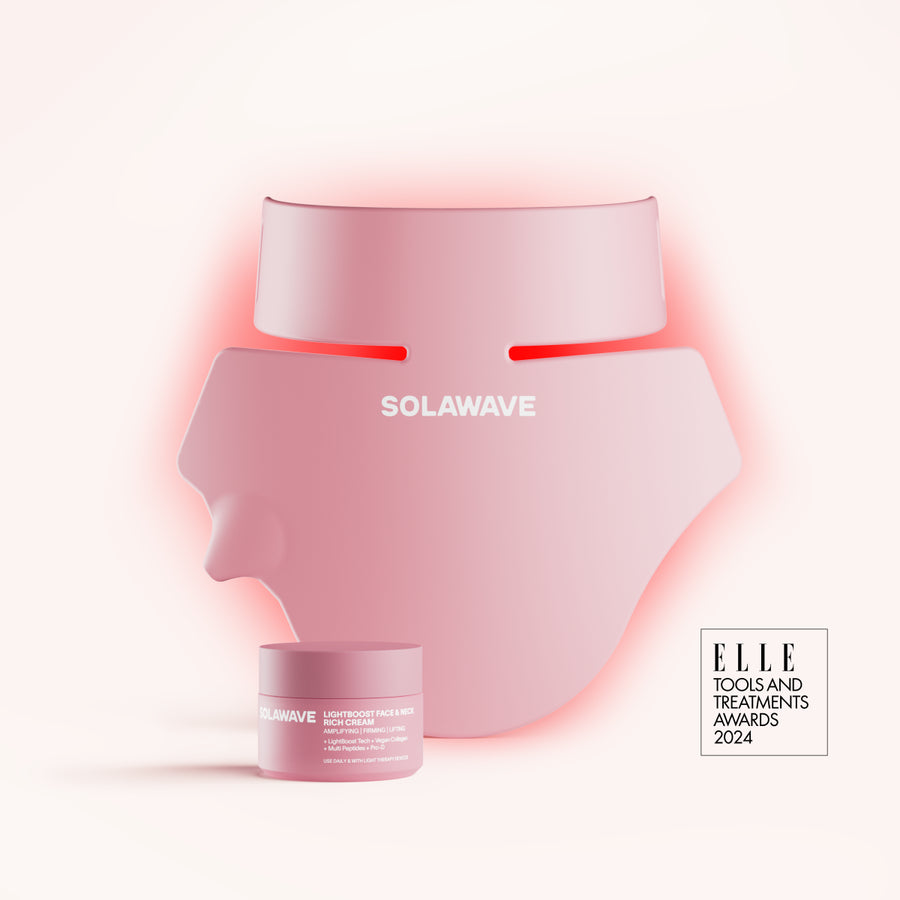 The Solawave Neck & Chest LED Mask w/ LightBoost Cream Kit features a pink LED mask for Red and Near-Infrared Light Therapy to help reduce fine lines, paired with matching cream. An ELLE Tools & Treatments Awards 2024 badge is visible in the corner.