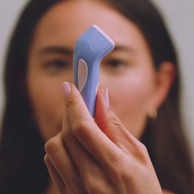 Video showing overview of bye acne red and blue light therapy skincare kit including hydrating sheet masks. || Periwinkle