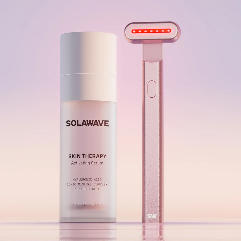 An image of the Solawave red light therapy wand with activating serum || Rose Gold
