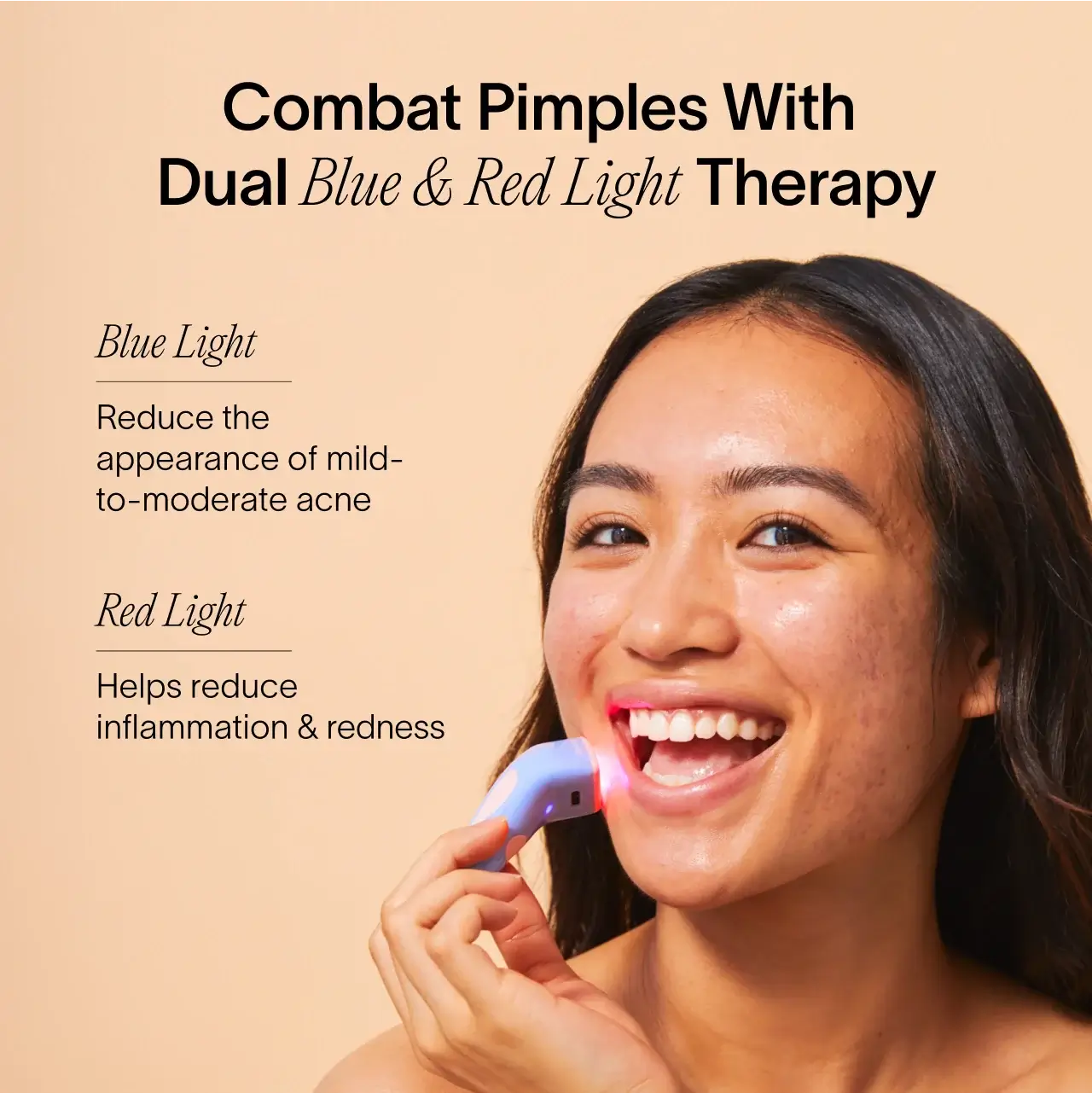 A woman smiles while using the SolaWave Bye Acne: 3-Minute Pimple Spot Treatment device on her face. Text reads, Combat Breakouts With Dual Blue & Red Light Therapy. Blue Light diminishes mild-to-moderate acne; Red Light reduces inflammation and redness.