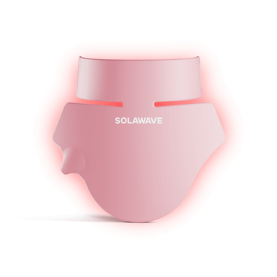The Solawave Neck & Chest Rejuvenating Mask, shown with glowing red light on a neutral background, is perfect for fans of light therapy masks seeking effective skin-firming treatments.