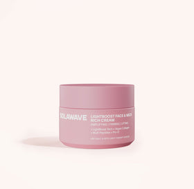 The LightBoost Face & Neck Rich Cream by Solawave in pink packaging features the LightBoost Complex, amplifying its firming and lifting effects. It includes Vegan Collagen and Multi Peptides + Pro-D for anti-aging benefits and skin barrier support.