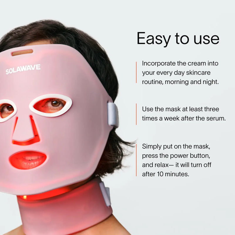 Wearing the Wrinkle Retreat Face Mask by Solawave, complete with neck attachment and pink LEDs, provides anti-aging benefits. Use after applying cream and incorporate the LightBoost Serum three times weekly. The mask automatically shuts off after 10 minutes.