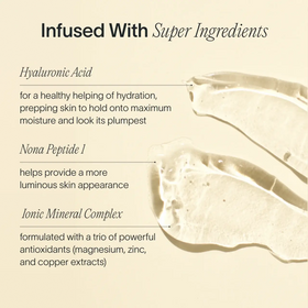 Solawaves Skin Therapy Activating Serum, showcased on a beige backdrop, features gel swatches and the text: Infused With Super Ingredients. Enjoy its age-defying formula with hyaluronic acid for hydration, nona peptide 1 for glow, and an antioxidant-rich ionic mineral complex. || 30mL