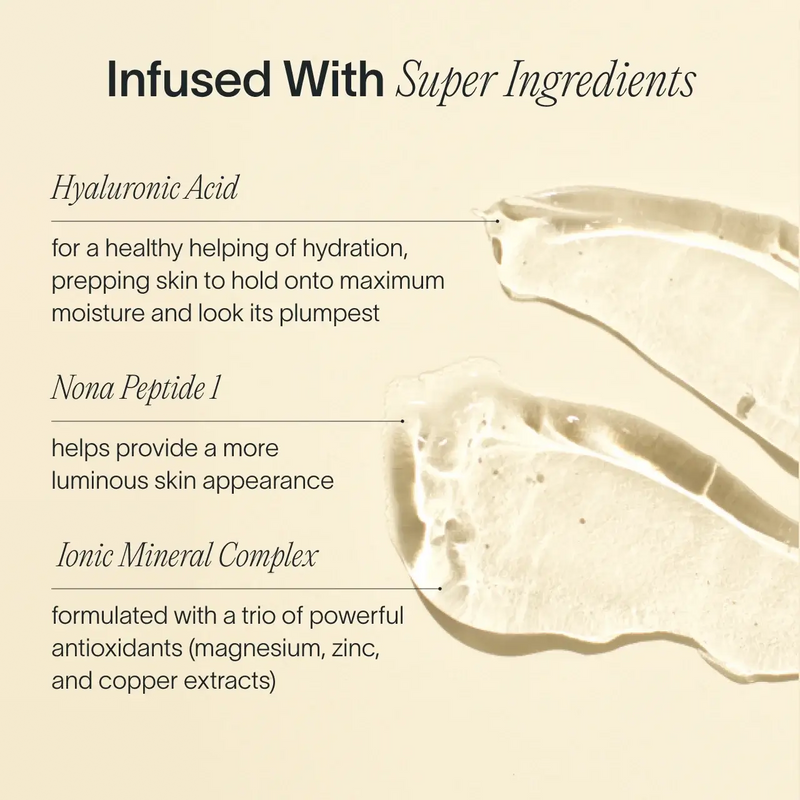 Solawaves Skin Therapy Activating Serum, showcased on a beige backdrop, features gel swatches and the text: Infused With Super Ingredients. Enjoy its age-defying formula with hyaluronic acid for hydration, nona peptide 1 for glow, and an antioxidant-rich ionic mineral complex. || 30mL