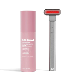 4-in-1 Radiant Renewal Skincare Wand with Red Light Therapy - in charcoal features a minimalist design, flat rounded head, and red LED light to help reduce fine lines with advanced skincare tech and simple one-button control. || charcoal