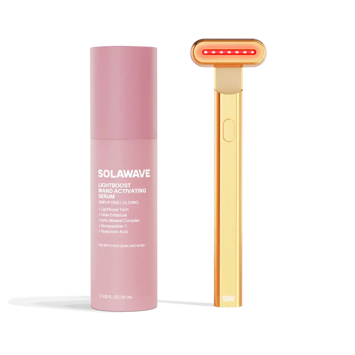 4-in-1 Radiant Renewal Skincare Wand with Red Light Therapy - in gold features a minimalist design, flat rounded head, and red LED light to help reduce fine lines with advanced skincare tech and simple one-button control. || gold