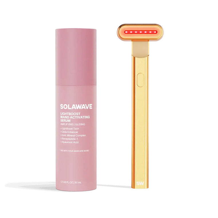 4-in-1 Radiant Renewal Skincare Wand with Red Light Therapy - in gold features a minimalist design, flat rounded head, and red LED light to help reduce fine lines with advanced skincare tech and simple one-button control. || gold