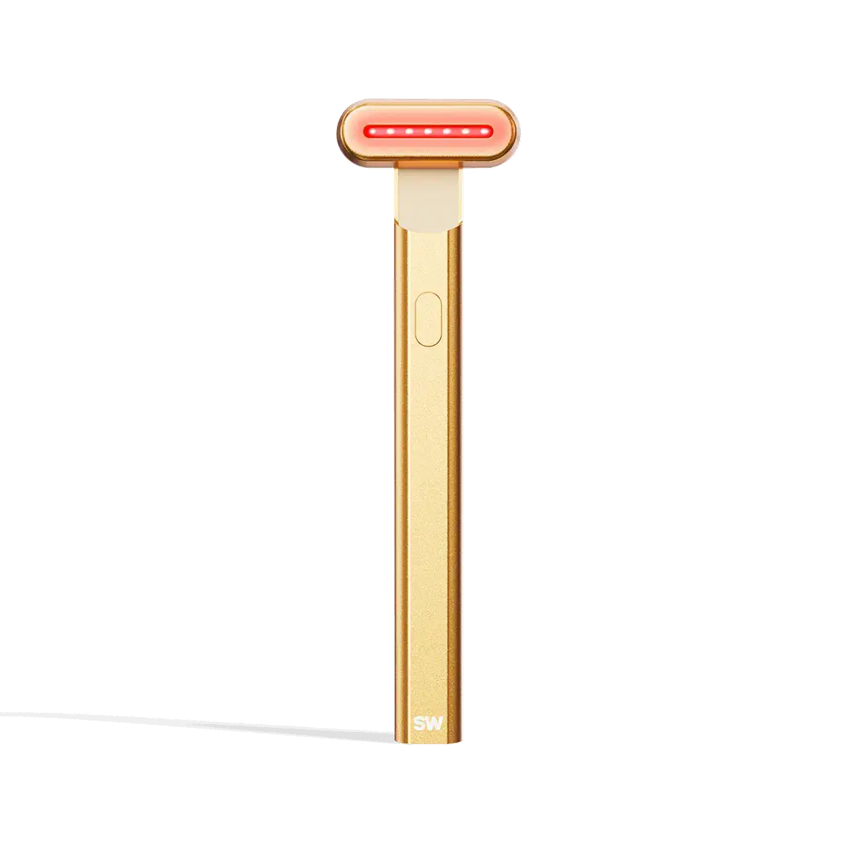 4-in-1 Radiant Renewal Skincare Wand with Red Light Therapy - in gold features a minimalist design, flat rounded head, and red LED light to help reduce fine lines with advanced skincare tech and simple one-button control. || gold