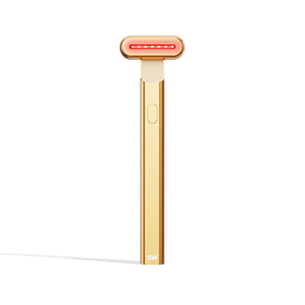 4-in-1 Radiant Renewal Skincare Wand with Red Light Therapy - in gold features a minimalist design, flat rounded head, and red LED light to help reduce fine lines with advanced skincare tech and simple one-button control. || gold